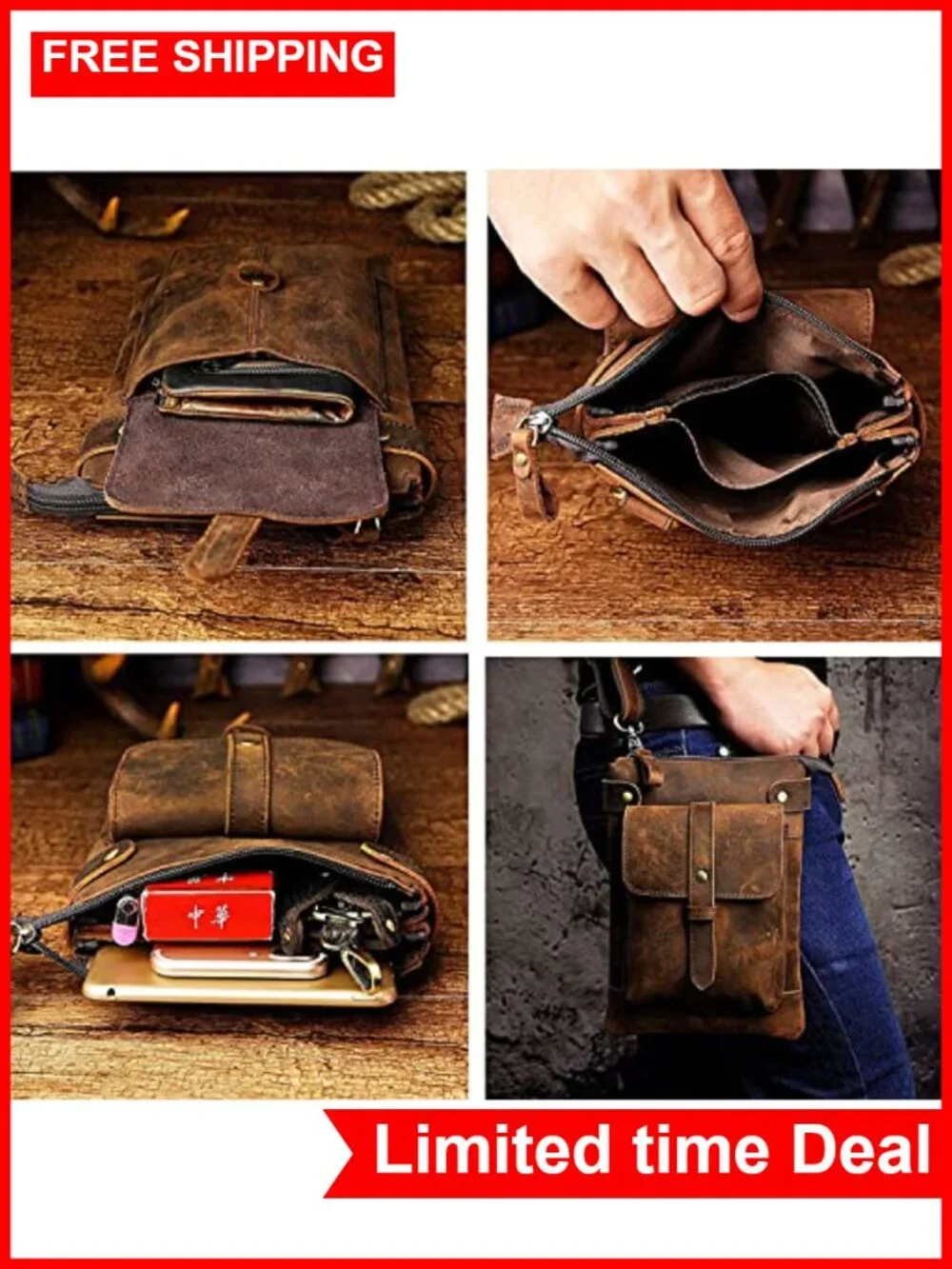 Genuine Leather Messenger Bag Convertible Waist Pack Adjustable Strap 3 Pockets
